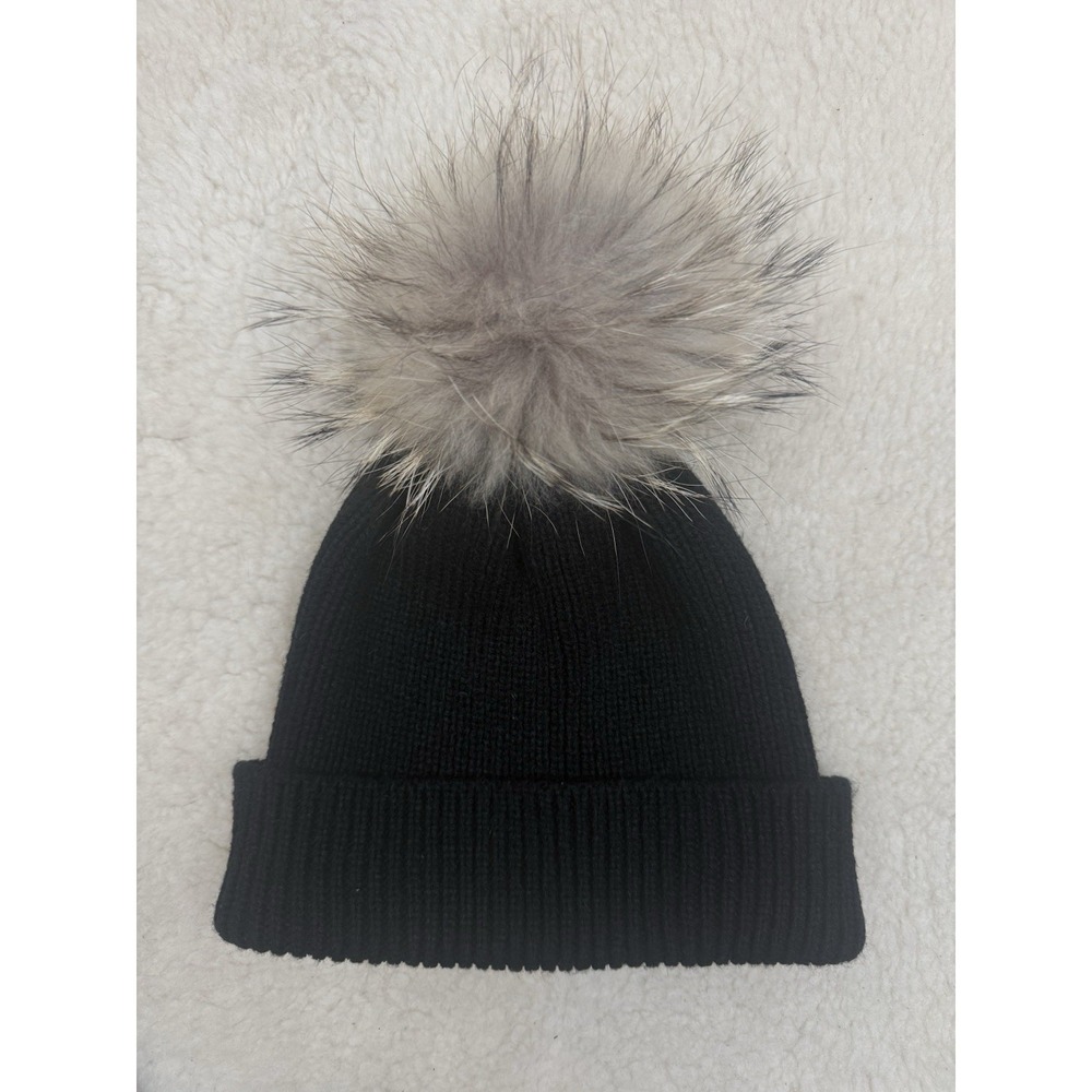 Jenny Von Holtermann Black Rib Knit Hat Real Raccoon Fur Pom Beanie Winter Ski